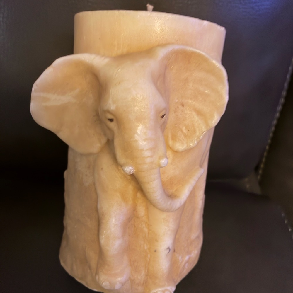 Vintage Elephant Carved 3D Pillar Candle - Tan